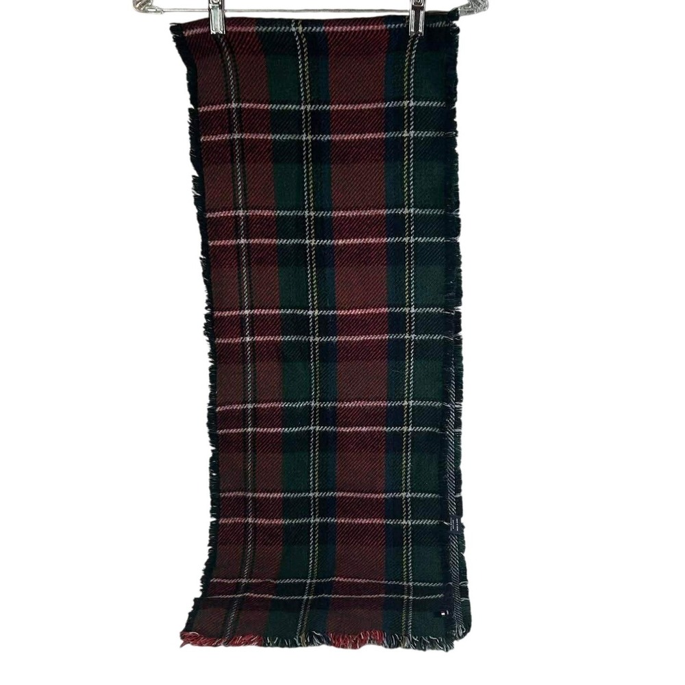 Tommy Hilfiger Scarf Red Green Plaid Fringe Acrylic Unisex‎